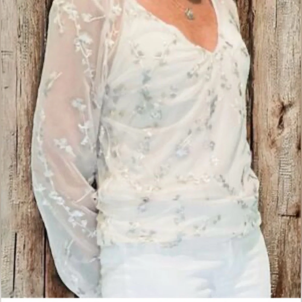 White House Black Market Sheer White Embroidered Blouse